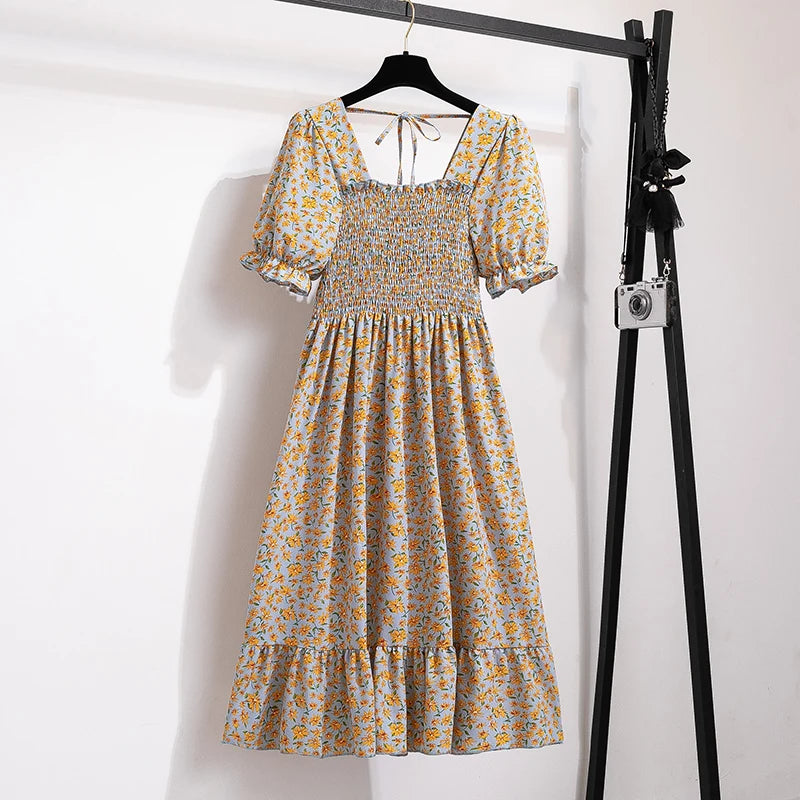 Summer Pleated Women Chiffon Dresses Casual Beach Holiday Short Sleeve Square Collar Woman Midi Dress Bohemian Mujer Vestidos - Smarsty