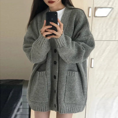 Autumn Winter Women Cardigan Sweater Coats Fashion Female Long Sleeve V-neck Loose Knitted Jackets Casual Sweater Cardigans - Smarsty
