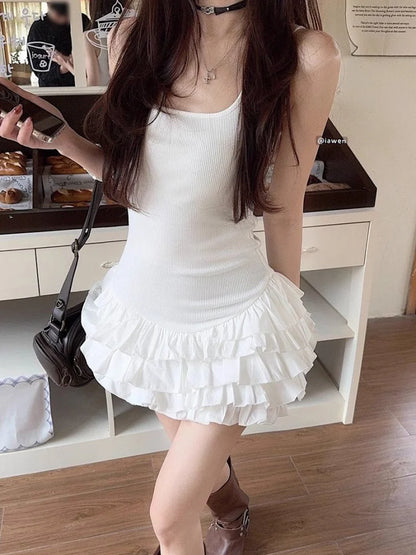 Chic Y2K Sleeveless Mini Dress For Woman Summer Black Dresses Sexy Clubwear Party Slim fit Ruffle Pleated Short Dress - Smarsty