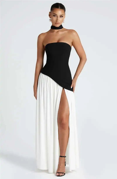 Mozision Strapless Off-shoulder Sexy Maxi Dress For Women Gown Patchwork Scarf Collar Thigh High Split Club Party Long Dress - Smarsty