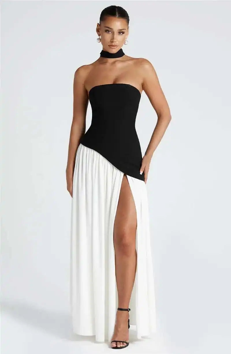 Mozision Strapless Off-shoulder Sexy Maxi Dress For Women Gown Patchwork Scarf Collar Thigh High Split Club Party Long Dress