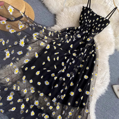 YuooMuoo Women Dress 2025 New Korean Fashion Floral Print Spaghetti Straps Mesh Party Dress Vacation Style Lady Beach Vestidos - Smarsty