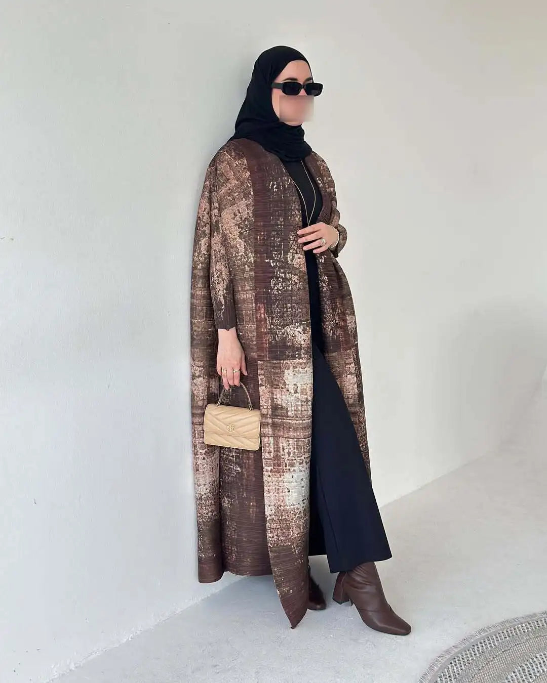 Women's Fold Miyake Pleated Abaya Long Sleeve Print Foldable Collar Robe Cardigan Coat New Winter Fashion Original Design 2024 - Smarsty
