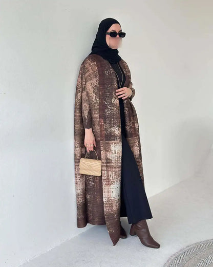 Women's Fold Miyake Pleated Abaya Long Sleeve Print Foldable Collar Robe Cardigan Coat New Winter Fashion Original Design 2024 - Smarsty