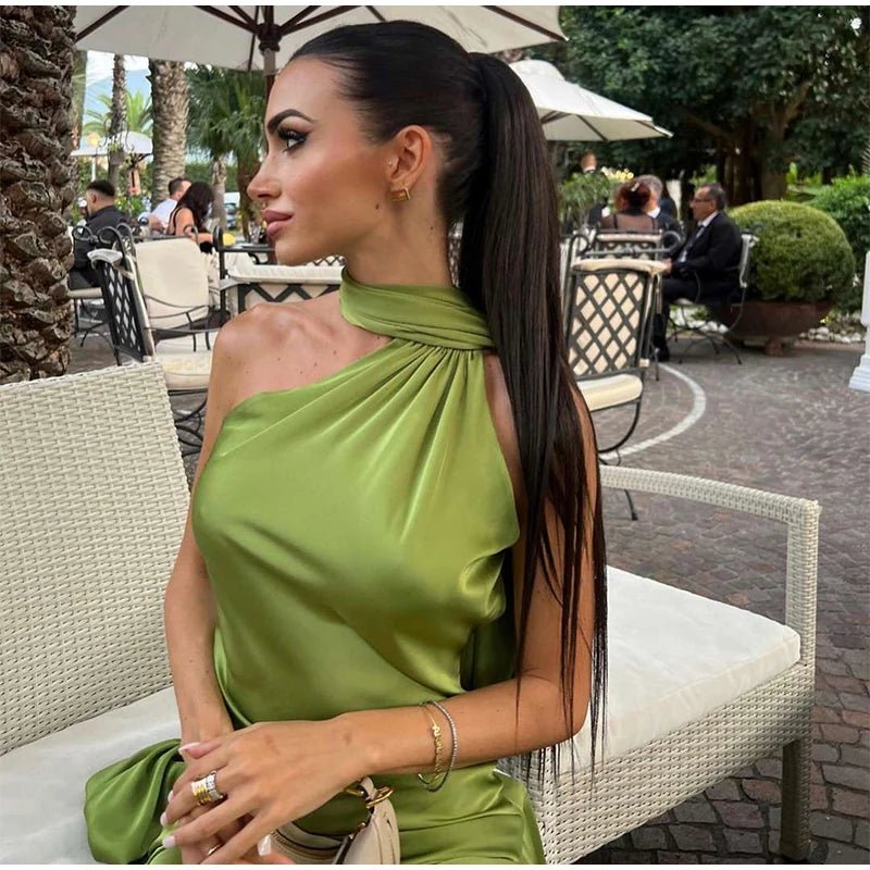 Elegant Solid Ribbon Women Halter Dress Off Shoulder Sleeveless Backless Slim Female Maxi Dresses 2025 Summer New Chic Lady Robe - Smarsty