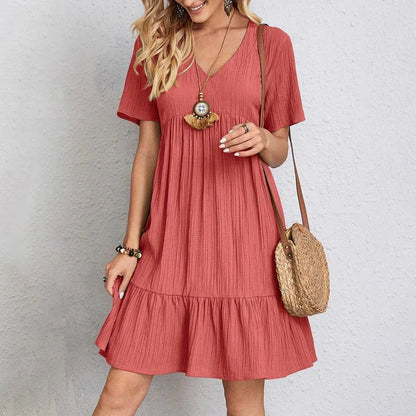 2025 Loose V-neck Short Sleeved Pleated Women Dress Solid Color A-line Beach Dresses Elegant Simple Comfortable Woman Clothing - Smarsty