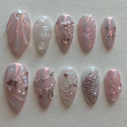 24 Piece Pink Almond Fake Nail Set With Bowknot Design - Smarsty