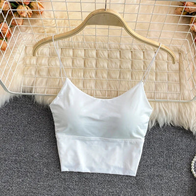 Women Crop Tops Sexy Solid Color Camisole Ice Silk Tube Top Seamless Sports Tank Top Wireless Underwear Padded Bra Bralette Vest - Smarsty