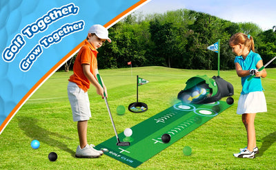 Kids Toy Golf Club Set with  LED Automatic Ball Returner, Golf Putting Mat Toddler Mini Golf Game Sports Gift for 3+  Boys Girls