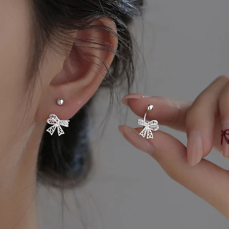 925 Sterling Silver Lace Heart Bow Stud Earrings Minimalist - Smarsty