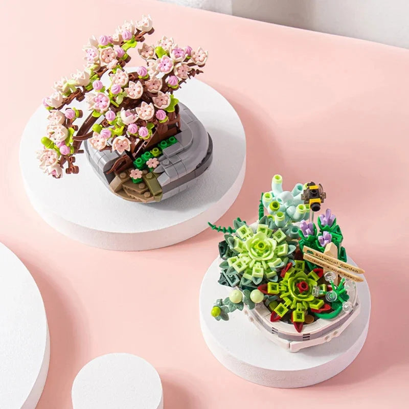 Mini Plant Bonsai Building Block Flower Plant Cherry Blossom Tree Potted Bouquet Model Bricks Home Decoration Toy For Kids Gifts