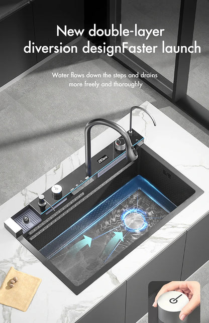Large Stainless Steel Kitchen Sink with Digital Faucet Display - Smarsty