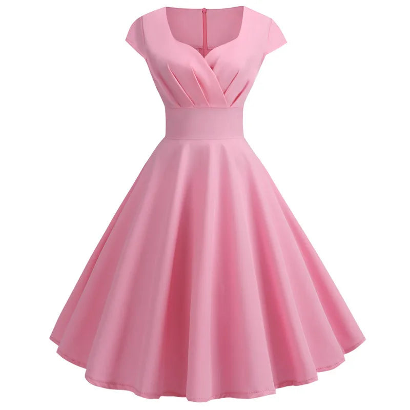 Pink Summer Dress Women V Neck Vintage Robe Elegant Retro pin up Party Office Midi Dresses - Smarsty
