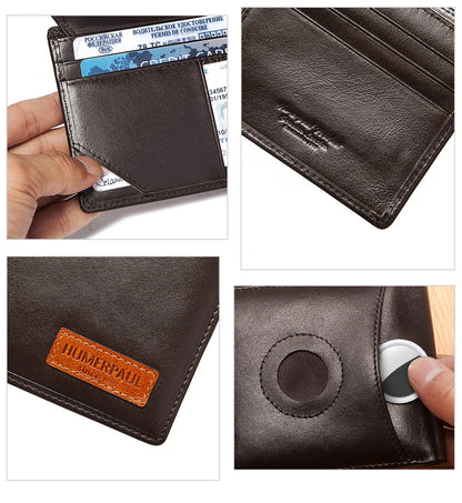 HUMERPAUL Airtag Wallet For Men Real Leather RFID Trifold Card Holder Case with ID Window Slim Anti-lost Purse - Smarsty