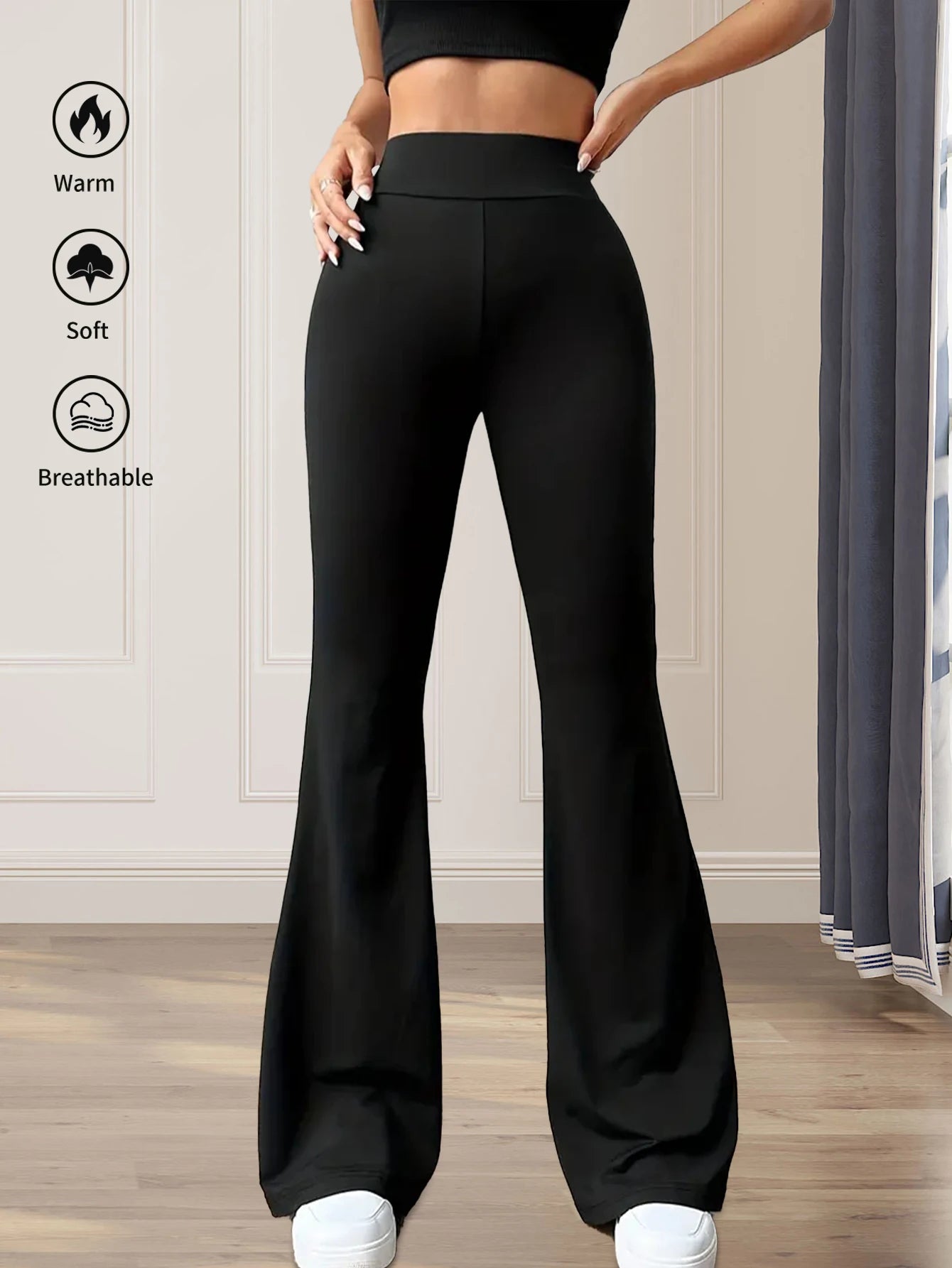Women's spring and summer high waisted tight fitting flared pants, slim leg long black pants, thin wide leg pants for slim women - Smarsty