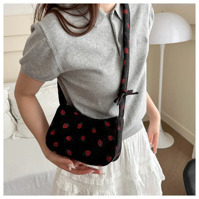 Corduroy Underarm Bag For Women Strawberry Print Mini Tote - Smarsty