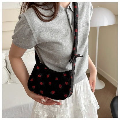 Corduroy Underarm Bag For Women Strawberry Print Mini Tote - Smarsty