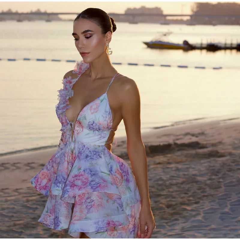 Women Mesh Patchwork Flower Print Mini Dress Elegant V-neck Short Sleeve High Waist A-line Dresses 2025 New High Street Vestidos - Smarsty