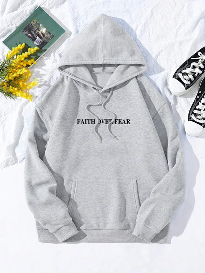 Casual Women's Hoodies Faith Over Fear Letter Printing Sweatshirts Fleece Warm Comfortable Pocket Pullovers Autumn Streetwear