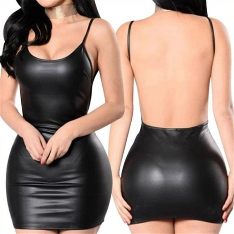 Sexy Faux Leather Dress Backless Club Party Short Dress Solid Black Wet Look Latex Bodycon Push Up Bra Mini Micro Dress - Smarsty