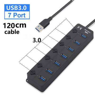USB 3.0 Hub 7 Port High Speed Powered Switch Cable - Smarsty