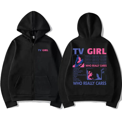 Men Women TV Girl Who Really Cares Graphic Print Zipper Hoodie Fashion Casual Oversized Jacket Fleece Long Sleeve Sweatshirts - Smarsty