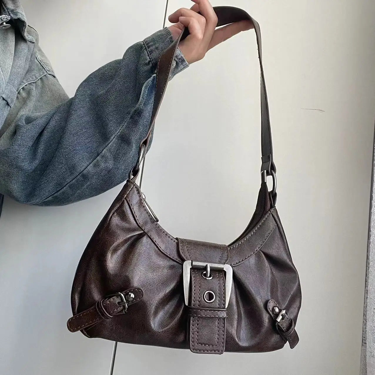 Vintage Leather Shoulder Mini Bag Y2K Wasteland Style - Smarsty