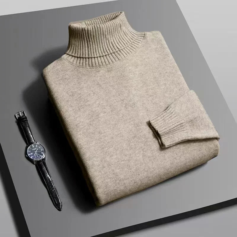 Autumn Mens High Quality Knitted Turtleneck Sweater Slim Fit Long Sleeve Anti-pilling Pullover Solid Color Trend Men Streetwea - Smarsty