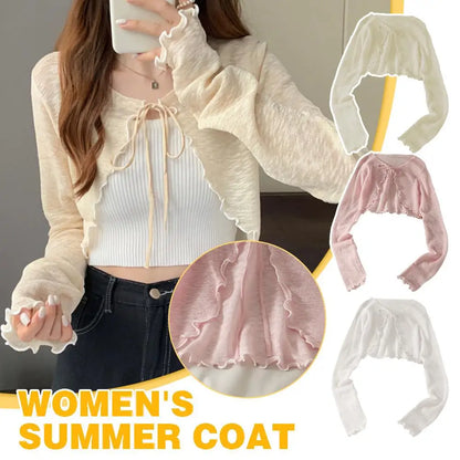 Summer Women Thin Sunscreen Cardigan Lace-up Knitwear Tops Female Korean Style Lantern Sleeve Short Coat Casual Sun Protected - Smarsty