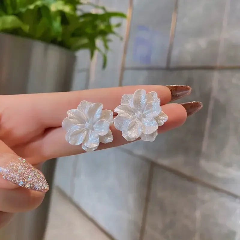 Enamel Flower Stud Earrings Cute Crystal Five Petal - Smarsty