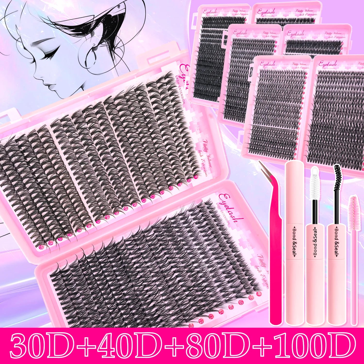 720/200pcs eyelash Extension Kit Fluffy Eyelash Extension kit with Lash Bond and Seal Lash Tweezers Thick Lash Clusters Wispy - Smarsty