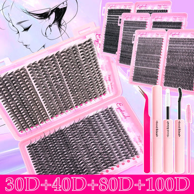 720/200pcs eyelash Extension Kit Fluffy Eyelash Extension kit with Lash Bond and Seal Lash Tweezers Thick Lash Clusters Wispy - Smarsty