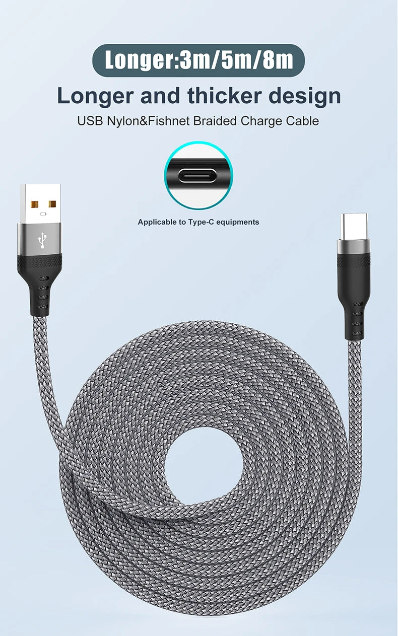 USB Type C 6A Super- Charging Cable For Huawei USB C Extended 1m 2m 3m 5m 8-Meter Cable For Xiaomi Vivo Leeco OnePlus Oppo - Smarsty