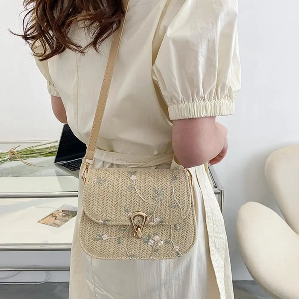 Straw Saddle Bag Crossbody Embroidered For Women Trendy - Smarsty