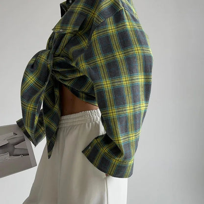 Oversized Plaid Shirt Autumn Winter Women Vintage Long Sleeve Fashion Loose Lapel Pocket Shirt Fit Blouse Korean Style - Smarsty