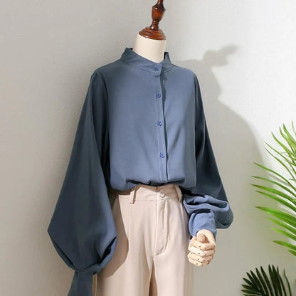 Woman Spring Autumn Style Blouses Shirt Lady Long Lantern Sleeve Stand Collar Loose Blusas Tops DF4847 - Smarsty