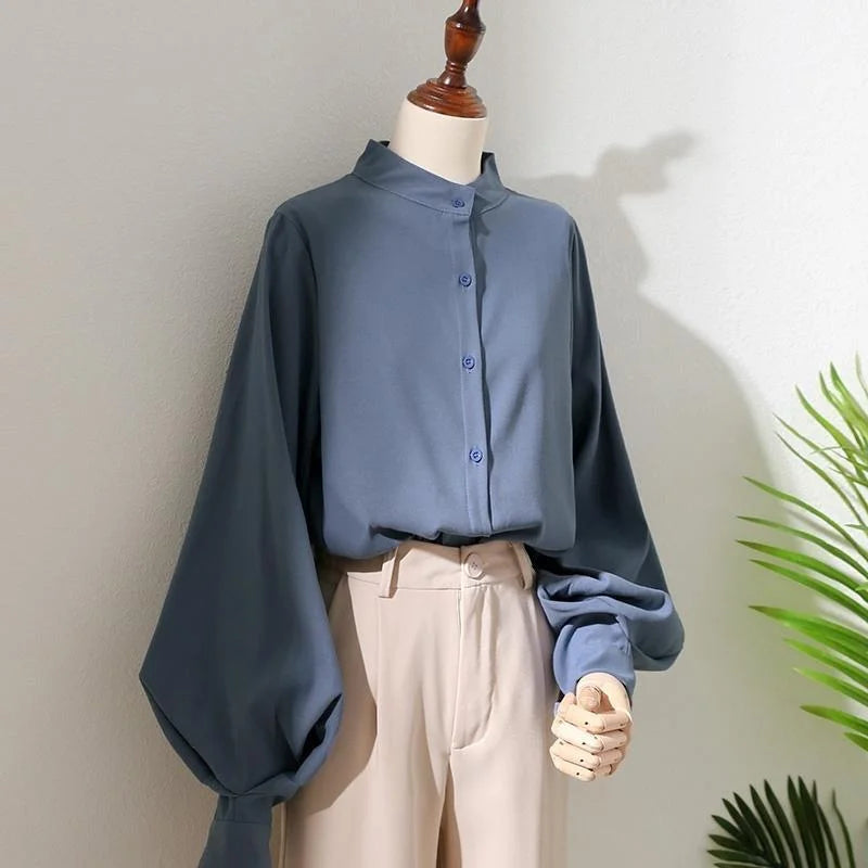 Woman Spring Autumn Style Blouses Shirt Lady Long Lantern Sleeve Stand Collar Loose Blusas Tops DF4847 - Smarsty