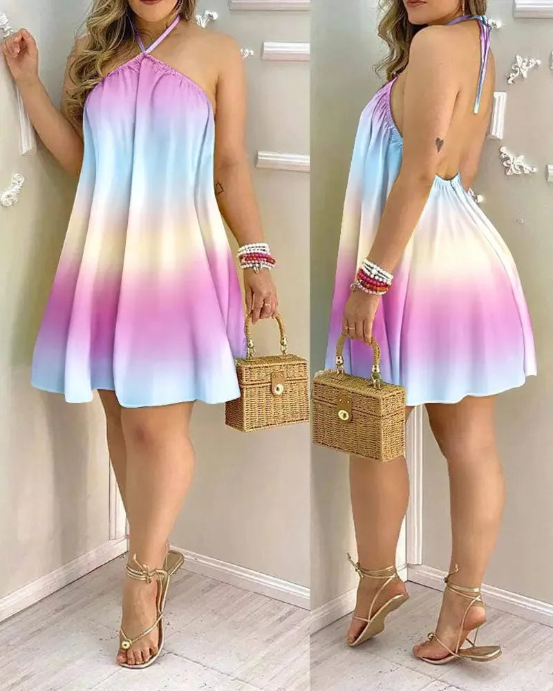 Tropical Print Halter Neck Dress, Vacation Style Backless Dress For Spring & Summer, Women's Clothing - Smarsty