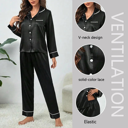 Plus Size Autumn and Winter Silk Pajamas Women Tops and Pants Solid Casual Soft Nightwear Buttons Cardigan Sleepwear Homewear - Smarsty