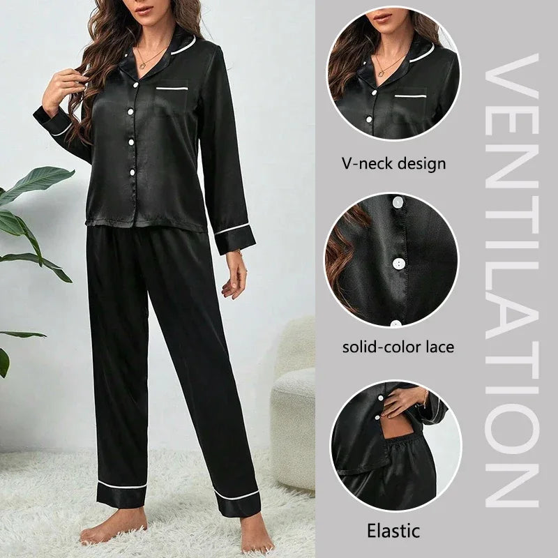 Plus Size Autumn and Winter Silk Pajamas Women Tops and Pants Solid Casual Soft Nightwear Buttons Cardigan Sleepwear Homewear - Smarsty