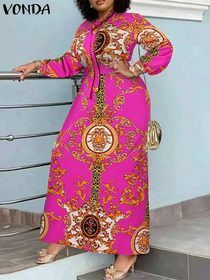 VONDA Maxi Dress 2024 Summer Women Bohemian Printed Party Sundress Long Sleeve Stand Collar Casual Robe Holiday Vestidos Belted - Smarsty