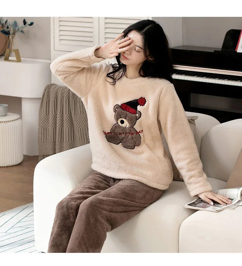 2pcs/Set Large Size Padded Thickened Warm Fall And Winter Women's Pajamas Long-Sleeved Long Pants Set Coral Velvet Cartoon Bear - Smarsty