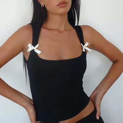 Y2K Women'S Bow Tie-Up Tank Tops Wide Shoulder Straps Bandage Camisole Sexy Low Cut Crop Tops Female Vest Tops - Smarsty
