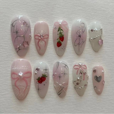 24 Piece Pink Almond Fake Nail Set With Bowknot Design - Smarsty