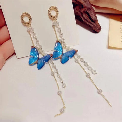 Luxury Women’s Zircon Crystal Pearl Butterfly Tassel Earrings - Smarsty
