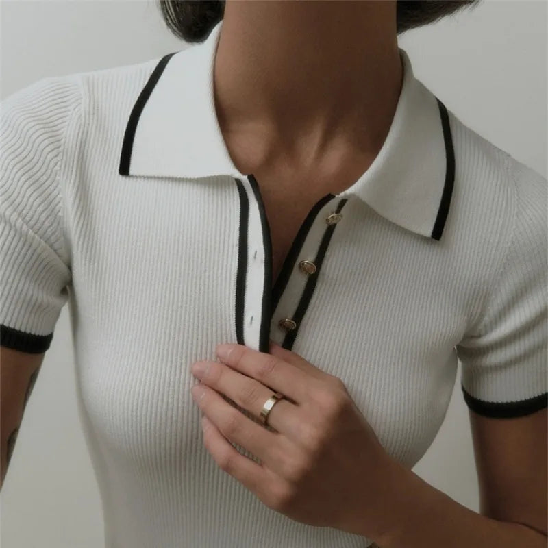 Talenza Women's Knitted Pullover Fashion Short Sleeve Patchwork Sweater Top Elegant Slim Contrast Lapel Knitted Pullover Top - Smarsty