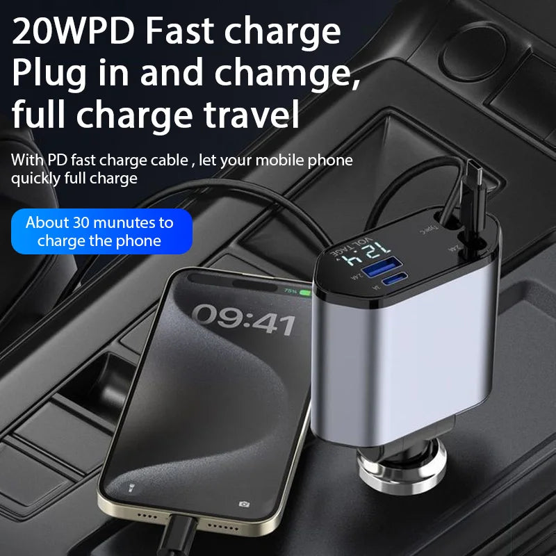 120W Car Charger Retractable USB Type C Fast Charge - Smarsty