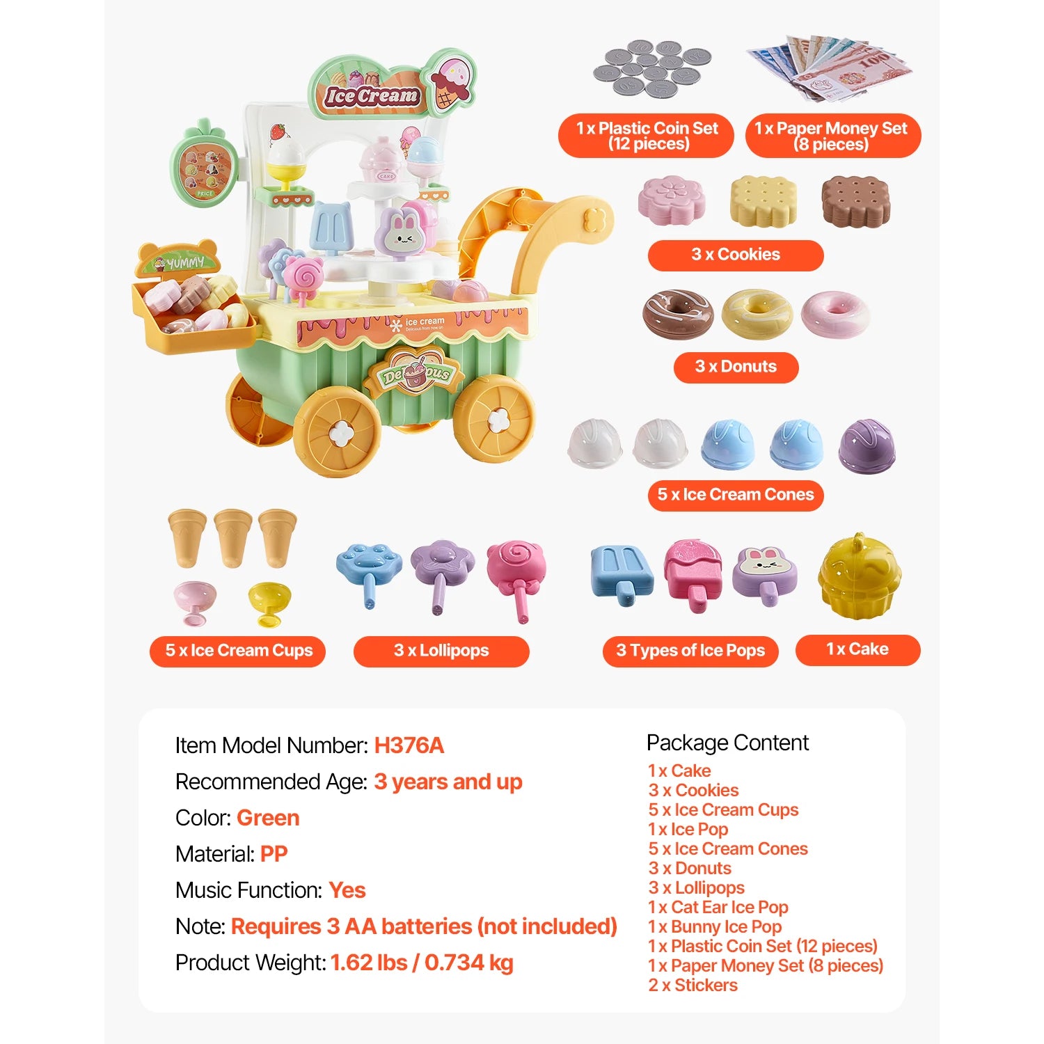 SucceBuy Pink Kids Ice Cream Cart Pretend Play Store Dolly with Sound & Light Effect Montessori Educational Toys for Children