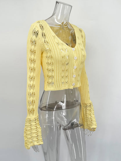 Tossy Knitwear Hollow Out Sweater Cardigan Women V-Neck Long Sleeve See-Through Cropped Top Summer Knit Patchwork Cardigan Top - Smarsty