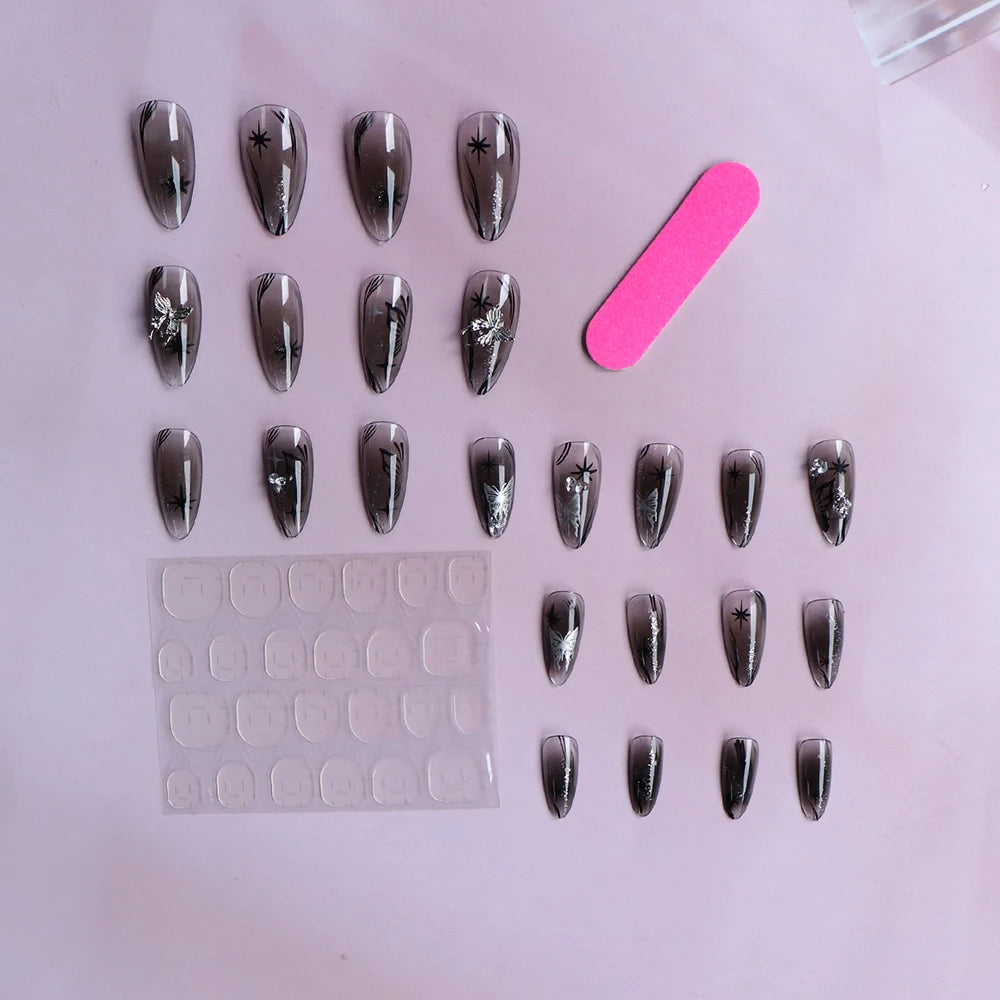 Stiletto Press On Nails Set with Black Silver Bowknot - Smarsty